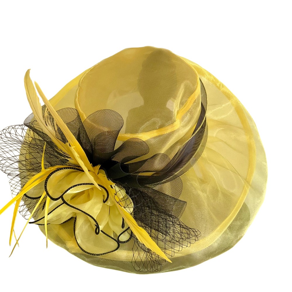 Yellow Organza Kentucky Derby Church Hat Wide Brim Fascinator Tea Party Feathers
